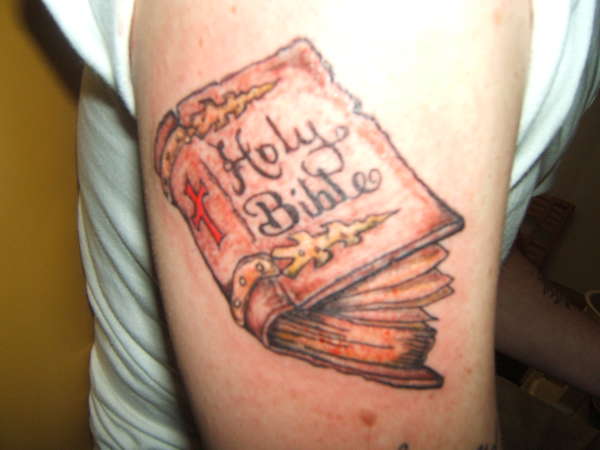 Holy Bible Book Tattoo On Right Shoulder
