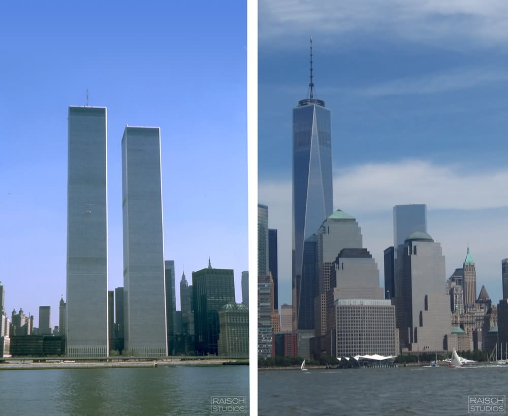 Left, Twin towers - Right, One World Trade Center