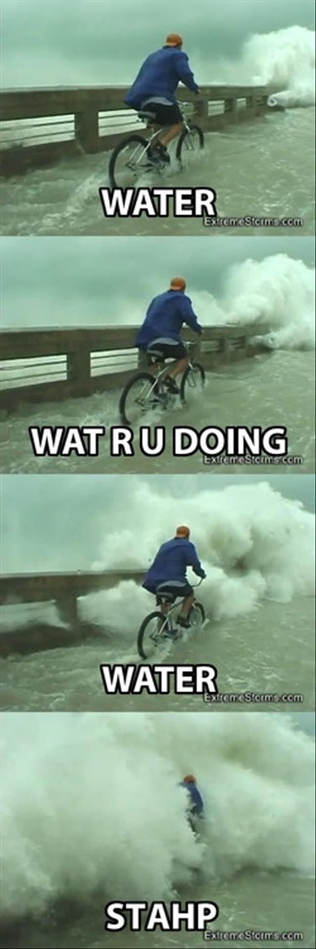 Man Riding Bicycle In Water Funny Picture