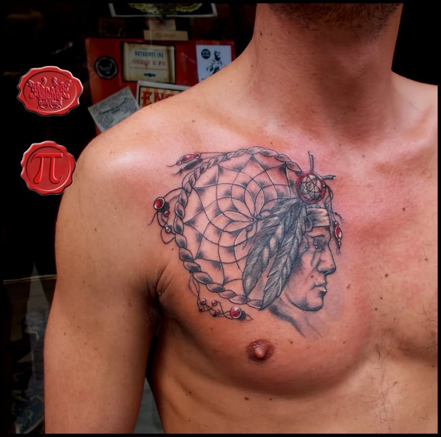 Native Head And Dreamcatcher Tattoo On Man Chest