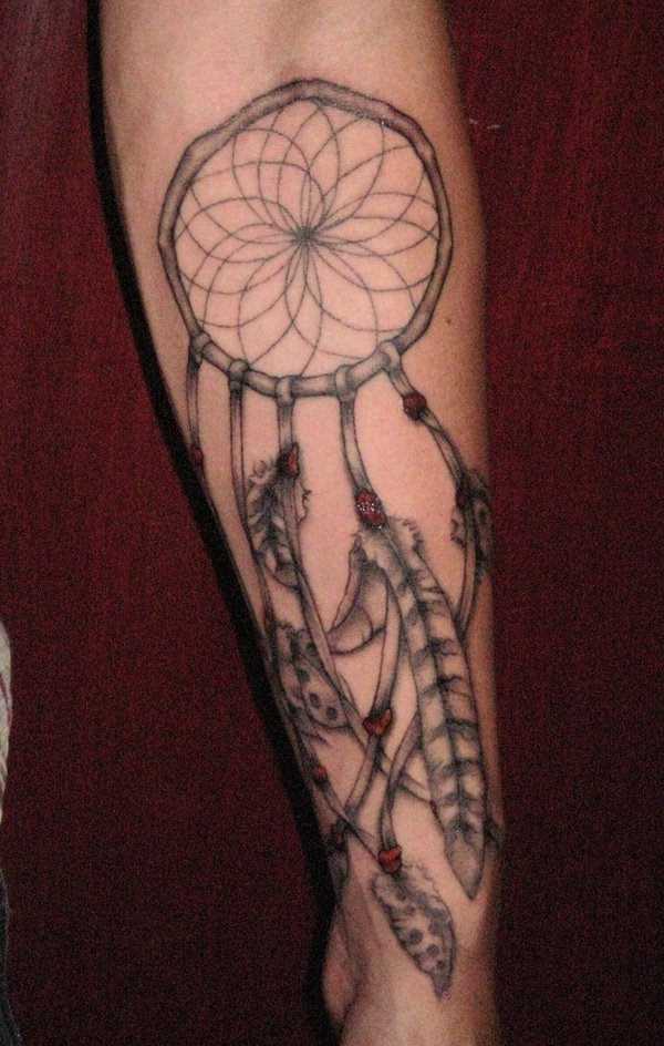 Nice Grey Ink Dreamcatcher Tattoo On Left Arm