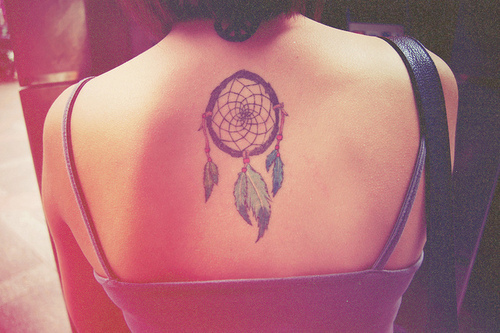 Nice Upper Back Dreamcatcher Tattoo For Girls