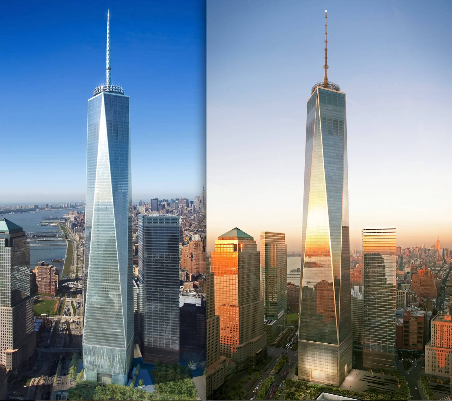 One World Trade Center, NY, US at morning and noon