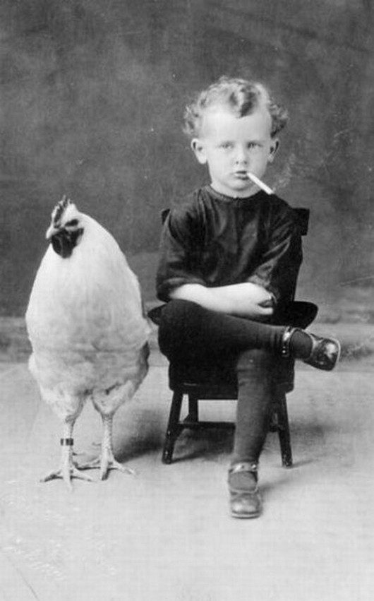 Smoking Kid With Chicken Funny Vintage Image