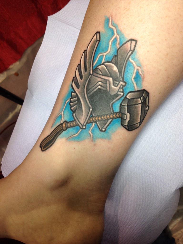 Thor Helmet With Hammer Tattoo On Leg By Mike Bianco