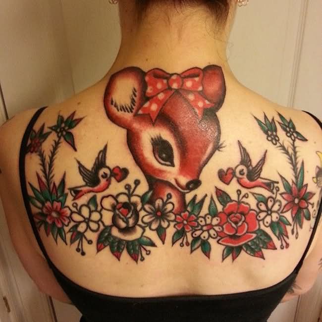 Traditional Bambi Head With Flowers And Birds On Girl Upper Back