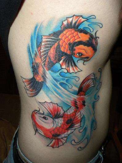 Two Koi Fish In Water Tattoo On Man Side Rib
