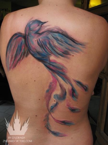 Unique Watercolor Nature Bird Tattoo On Full Back
