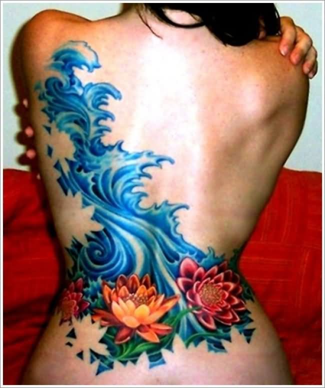 Water Wave With Lotus Flowers Tattoo On Girl Full Back