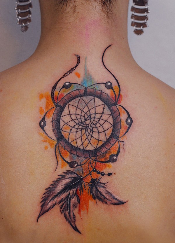 Watercolor Dreamcatcher Tattoo On Girl Upper Back