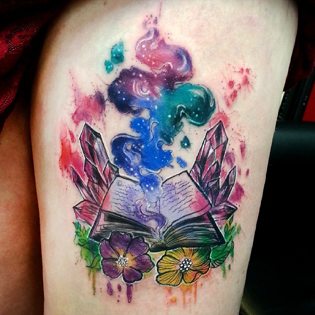 Watercolor Open Book With Flowers Tattoo On Thigh By Joanne Baker