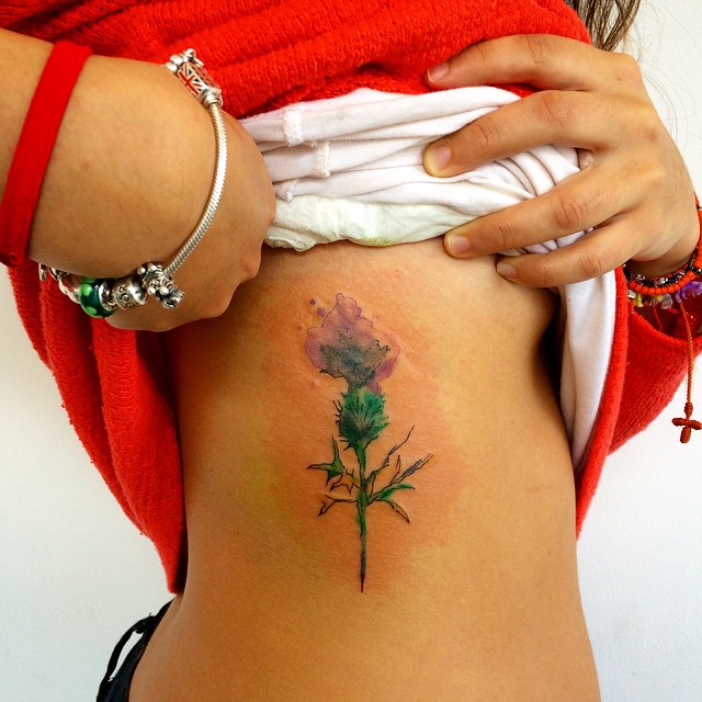 Watercolor Thistle Flower Tattoo On Side Rib