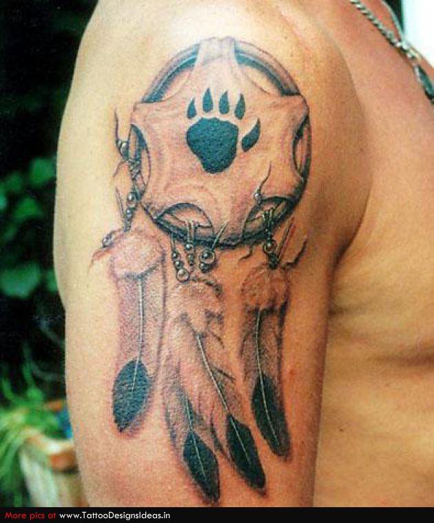 Wolf Paw Print In Dreamcatcher Tattoo On Man Right Shoulder