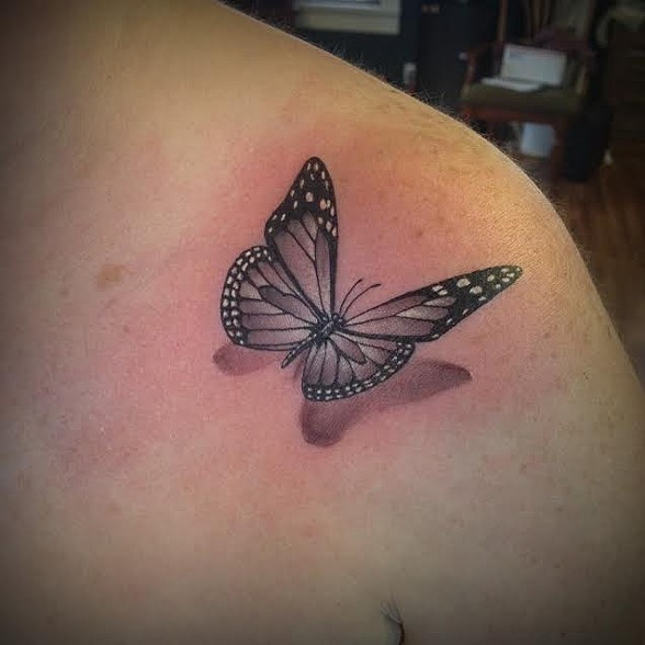 3D Black and grey flying butterfly tattoo on Shoulder