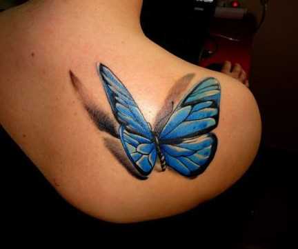 3D Blue butterfly with shadows on back shoulder