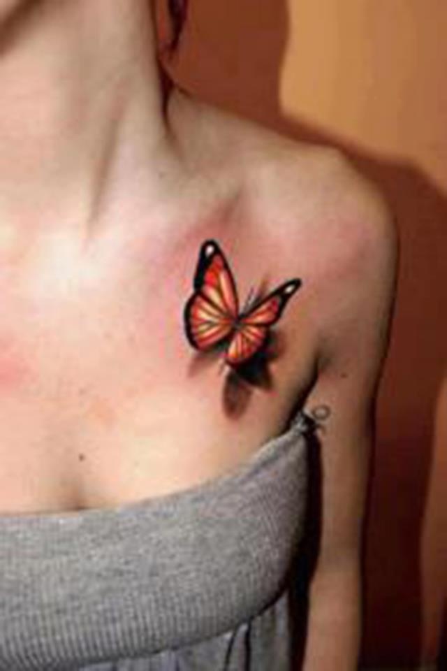 3D Monarch Butterfly Tattoo On Collarbone