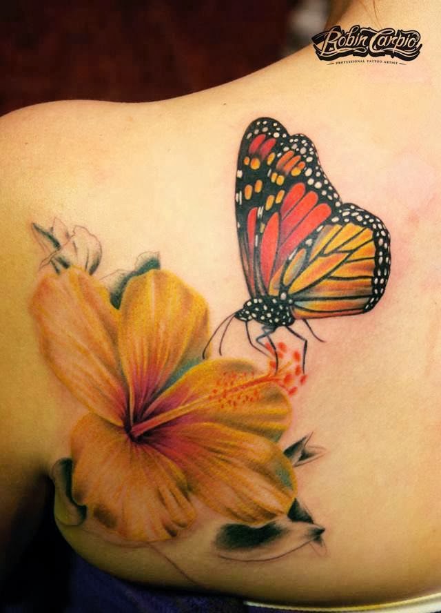 3D butterfly with flower tattoo on back shoulder by Robin Carpio