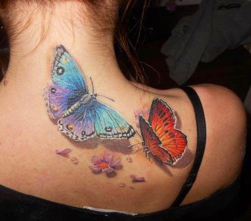 3D realistic butterflies tattoo on upper back