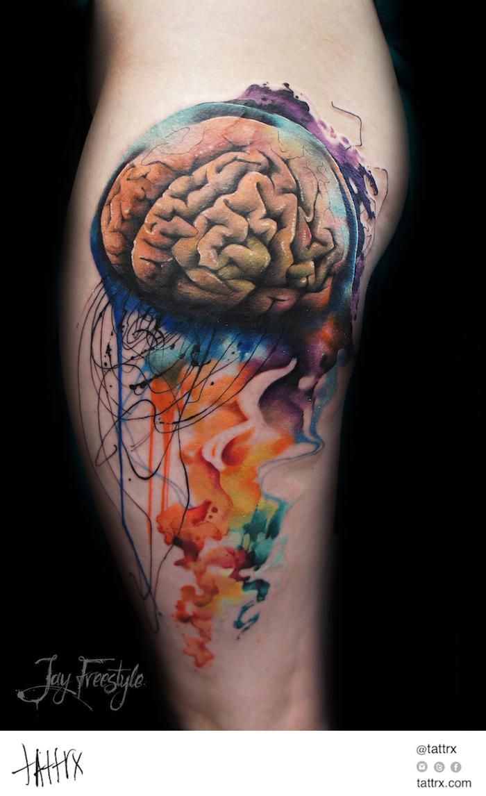 Amazing 3D Brain Tattoo On Leg Calf
