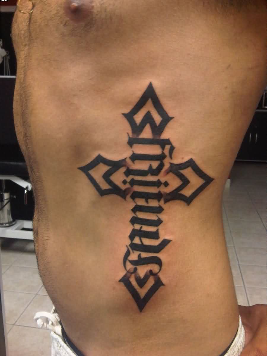 Amazing Ambigram Friends Cross Tattoo On Man Side Rib