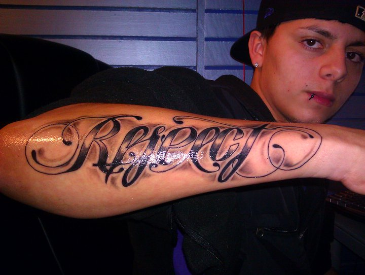 Amazing Ambigram Respect Lettering Tattoo On Man Right Forearm By Wes Fortier