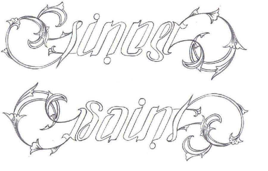 Amazing Ambigram Sinner Saint Lettering Tattoo Stencil