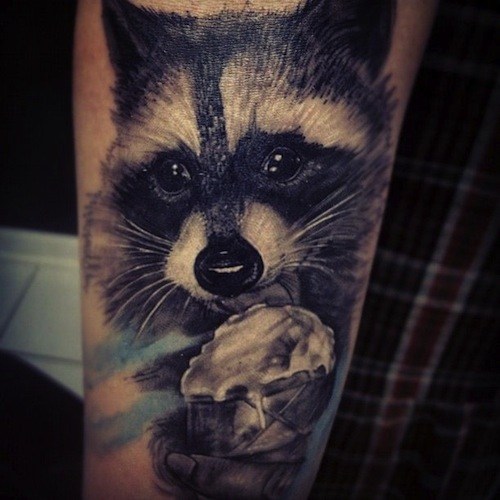 Amazing Black And Grey Raccoon Head Tattoo Design For Arm