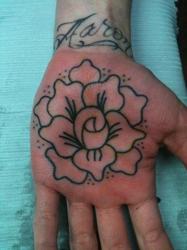 Amazing Black Outline Rose Tattoo On Hand Palm