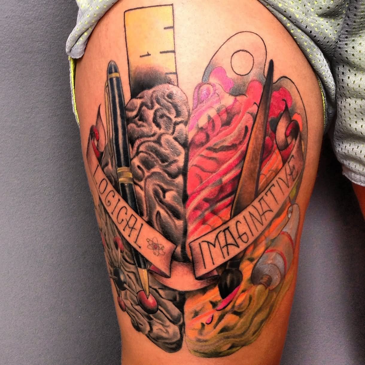 Amazing Brain With Banner Tattoo On Thigh