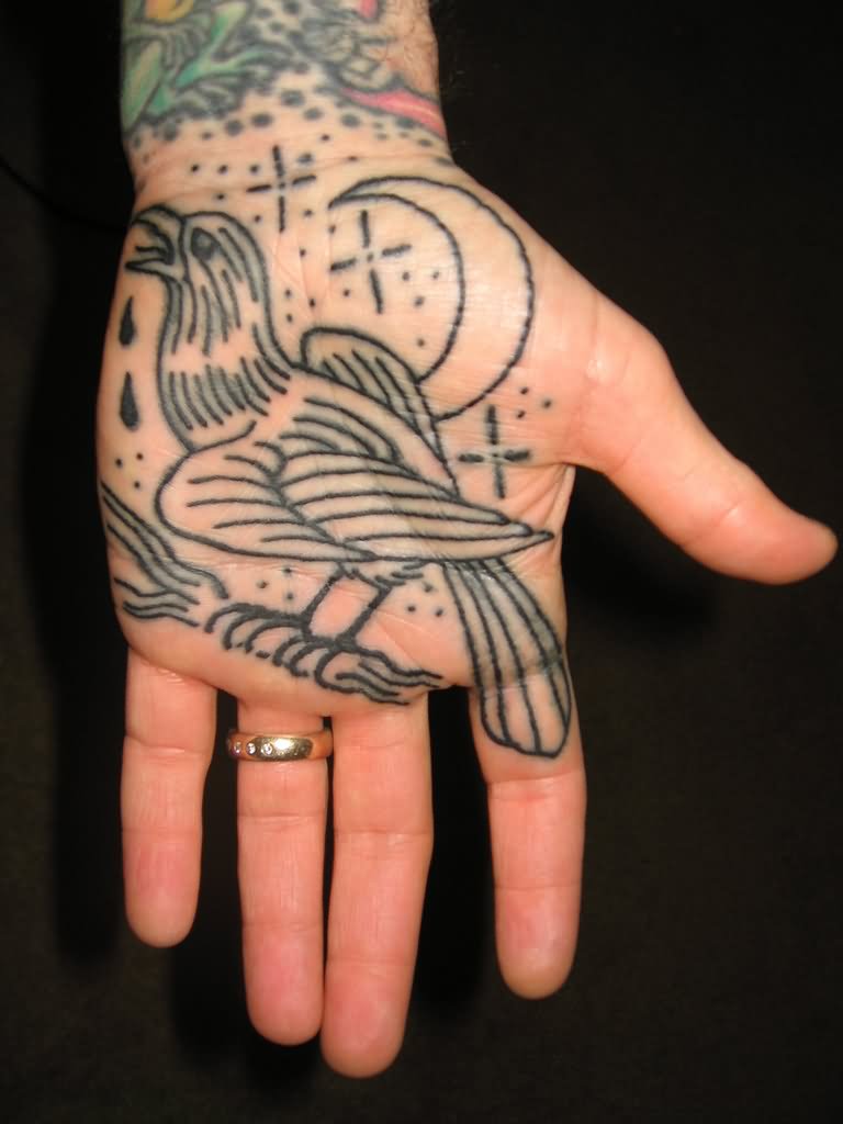 Amazing Crow With Half Moon Tattoo On Hand Palm
