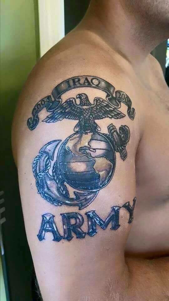 Amazing Marine Logo With Banner Tattoo On Man Right Shoulder