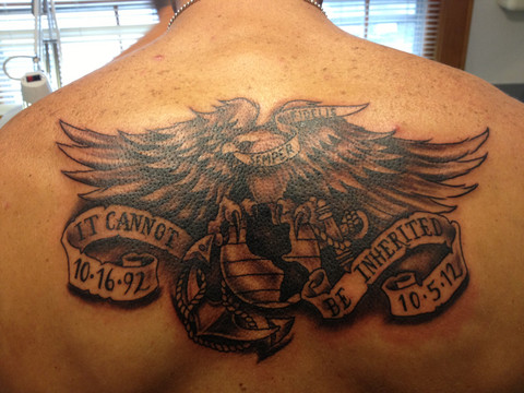 Amazing Marine Logo With Banner Tattoo On Man Upper Back