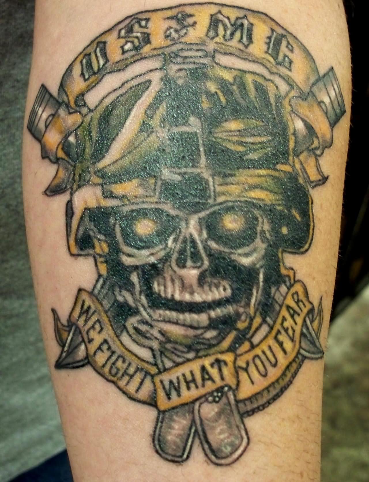 Amazing Marine Skull With Banner Tattoo On Leg