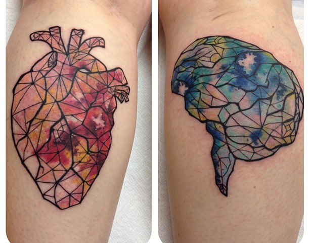 Amazing Real Heart And Brain Tattoo On Both Leg Calf
