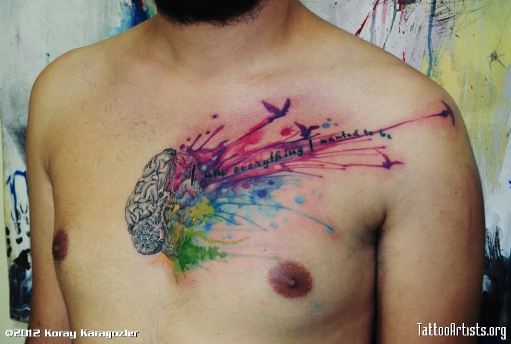 Amazing Watercolor Brain Tattoo On Man Chest