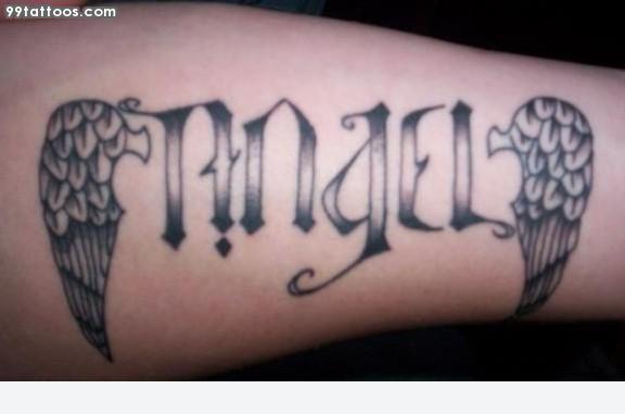 Ambigram Angel Lettering With Wings Tattoo Design For Arm
