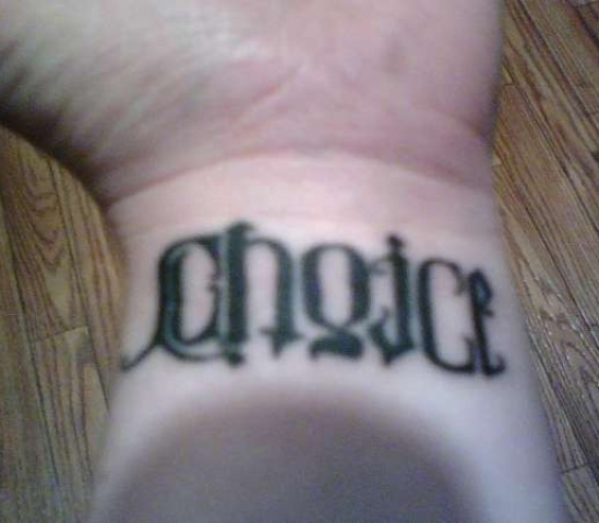 Ambigram Choice Lettering Tattoo On Wrist