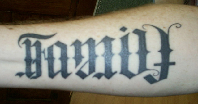 Ambigram Family Lettering Tattoo On Forearm