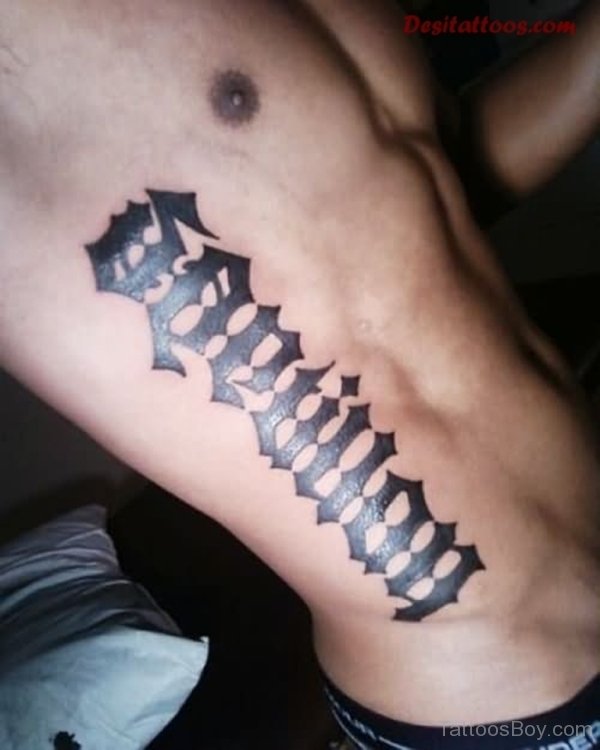 Ambigram Tattoo On Man Side Rib