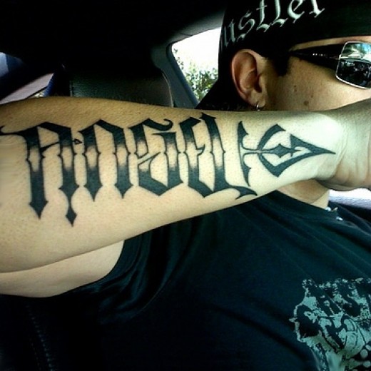 Awesome Ambigram Angel Lettering Tattoo On Man Right Arm