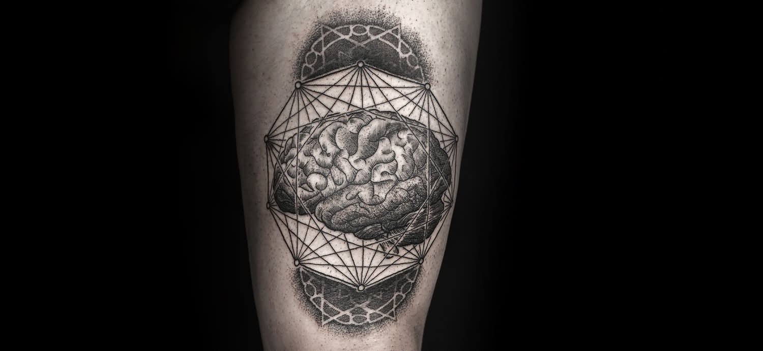 Awesome Black And Grey Brain Tattoo Design On Leg