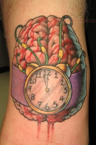Awesome Brain Clock Tattoo Design For Arm