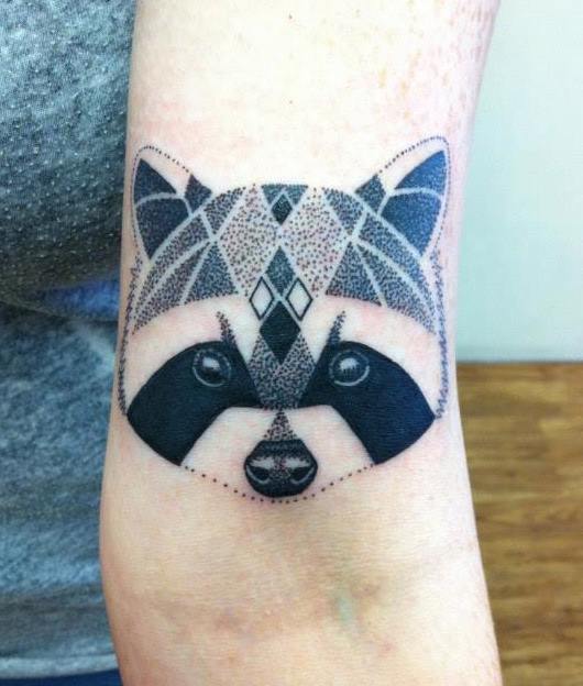 Awesome Dotwork Raccoon Head Tattoo On Half Sleeve