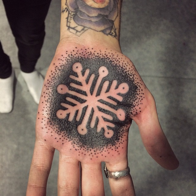Awesome Dotwork Snowflake Tattoo On Hand Palm By Mikki Bold