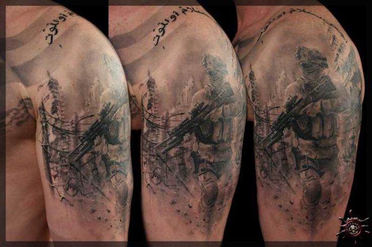 Awesome Marine Soldier Tattoo On Man Left Shoulder