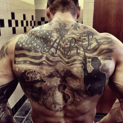 Awesome USA Flag With Marine Logo With Soldier Tattoo On Man Back