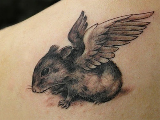 Black And Grey 3D Mouse With Wings Tattoo Design