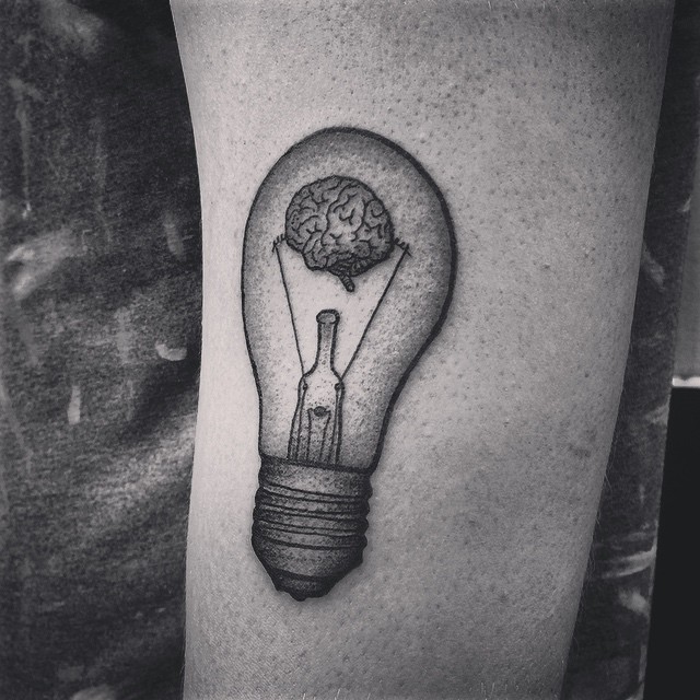 Black And Grey Brain Bulb Tattoo Design For Arm