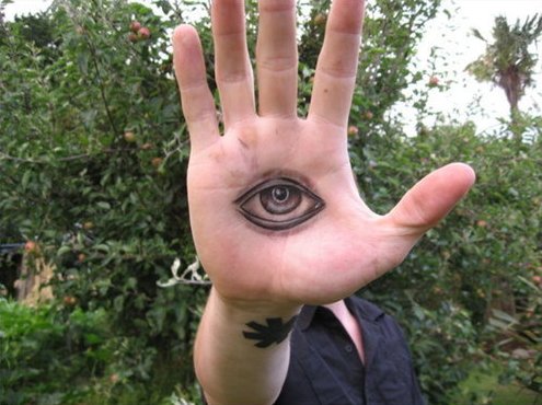 Black And Grey Eye Tattoo On Hand Palm