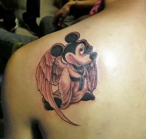 Black And Grey Mickey Mouse With Wings Tattoo On Left Back Shoulder